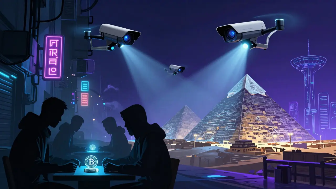 Underground crypto traders vs surveillance drones in cyberpunk Cairo