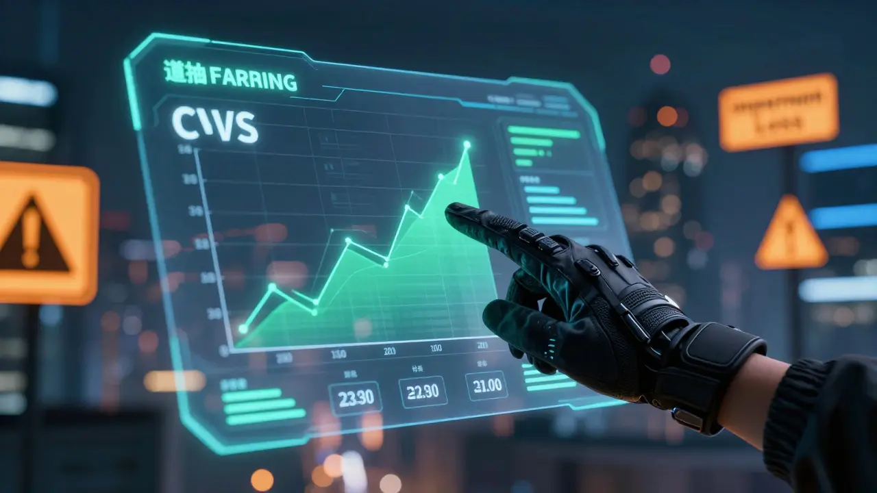 User interacting with holographic yield farming dashboard in cyberpunk style