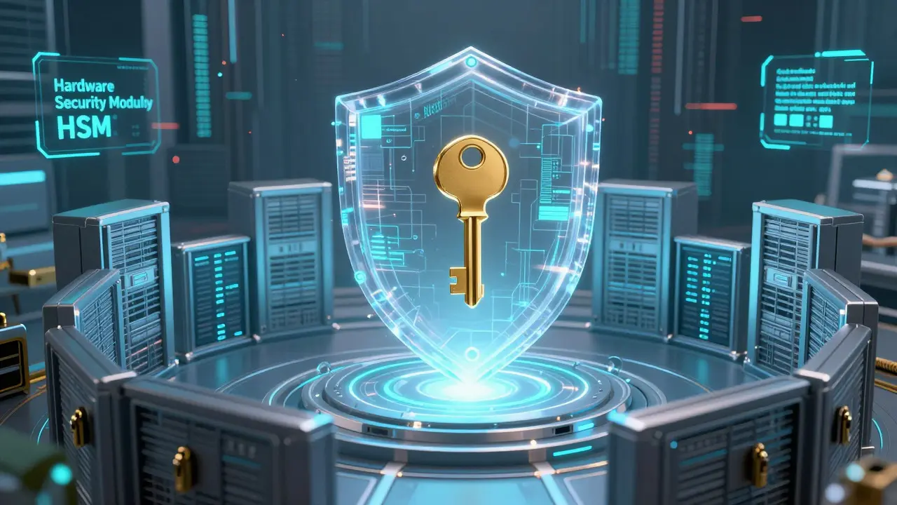 A secure server node protected by a glowing hexagonal energy shield