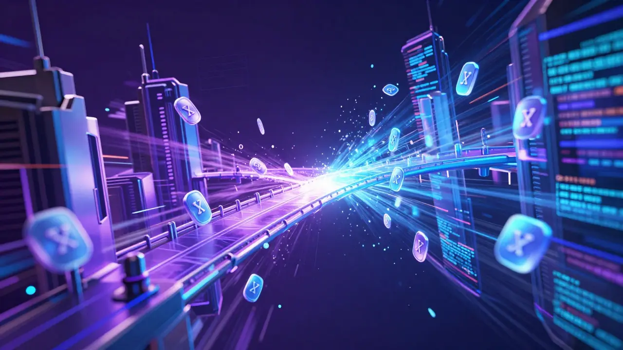 Abstract cyberpunk art depicting cross-chain bridge connecting stocks and crypto