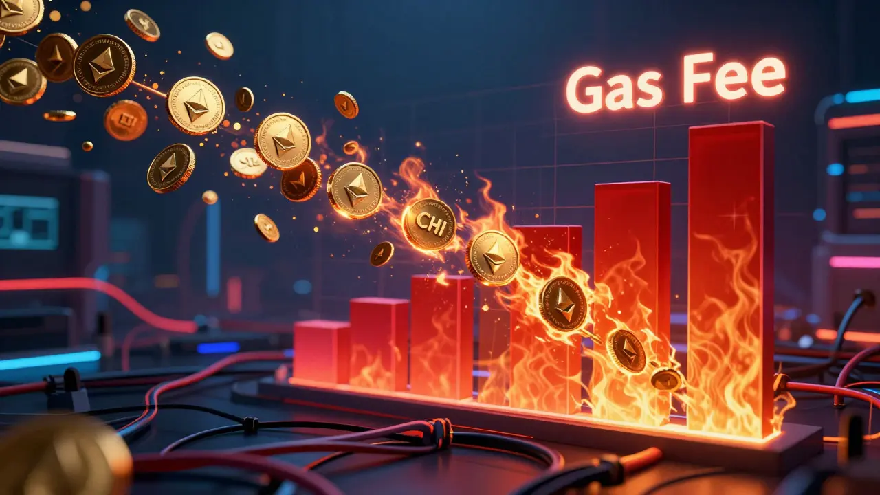 Abstract cyberpunk visualization of CHI tokens burning to reduce Ethereum gas fees