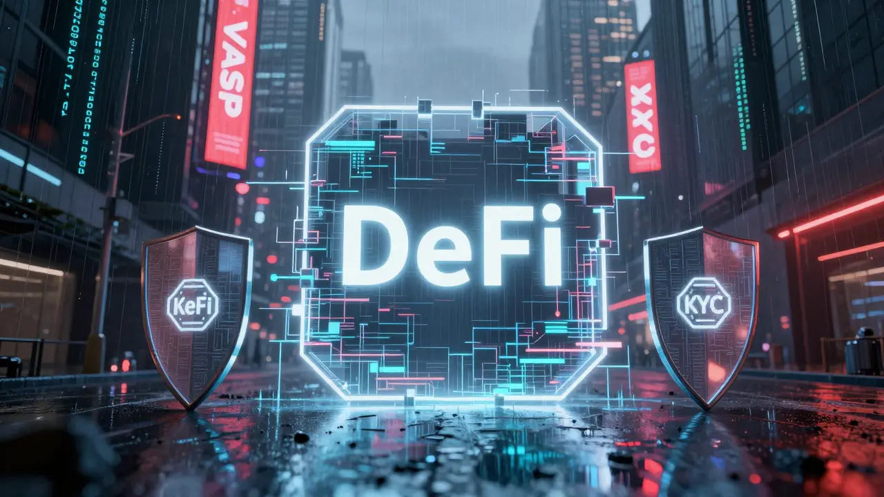 Abstract cyberpunk visualization of DeFi protocols navigating regulatory compliance shields