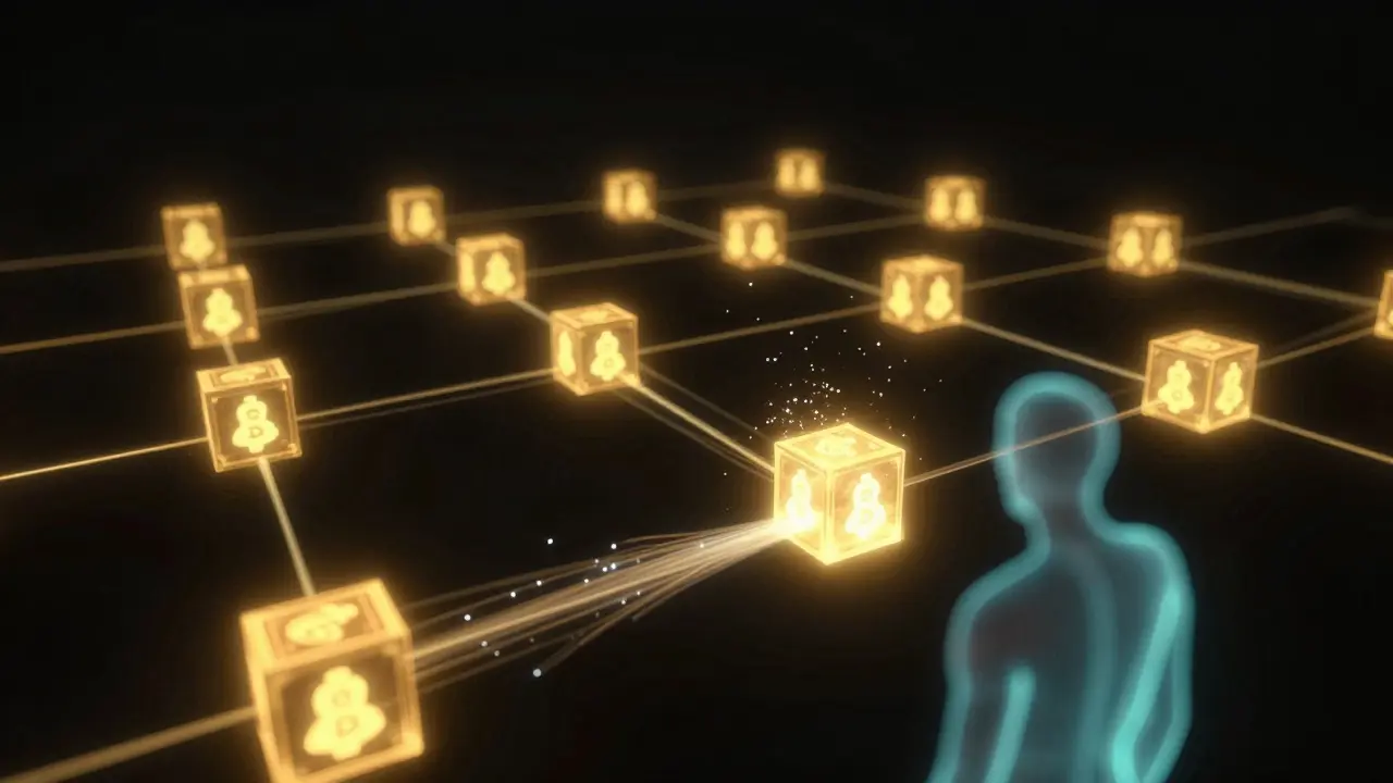 Abstract glowing blockchain nodes forming a secure chain in a dark digital void