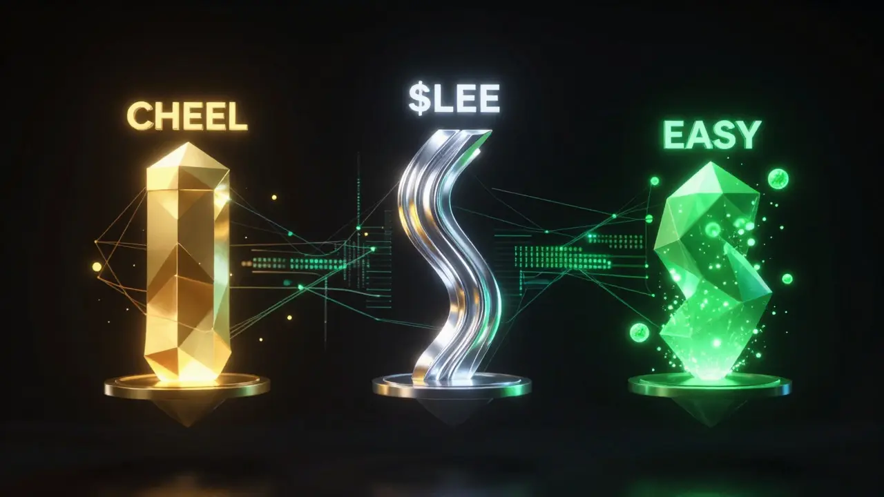 Abstract glowing tokens representing CHEEL, LEE, and EASY in a futuristic digital void