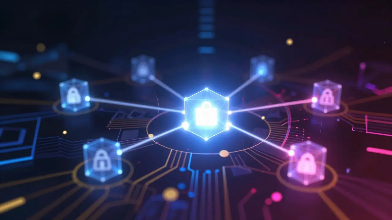 Abstract network of glowing nodes representing decentralized self-custody crypto architecture