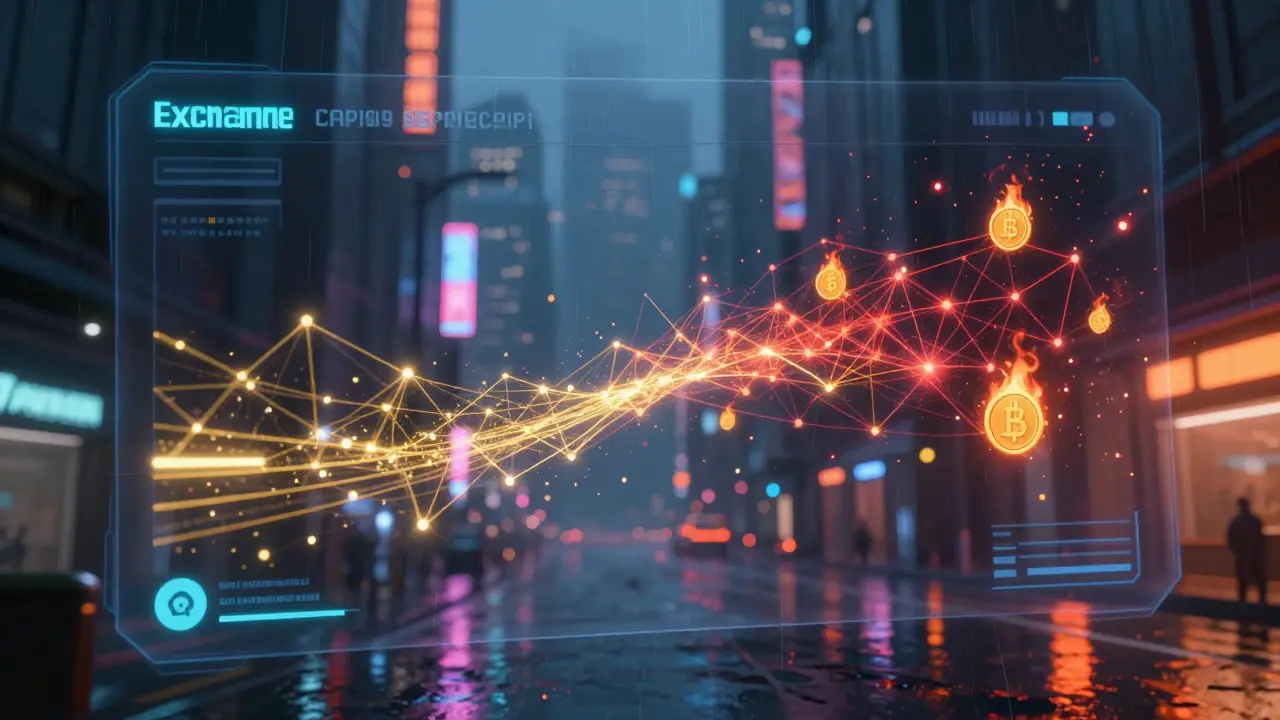 Abstract visualization of token transactions and burning mechanics