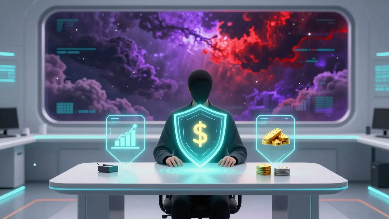 Calm investor protected by diversified assets during market storm