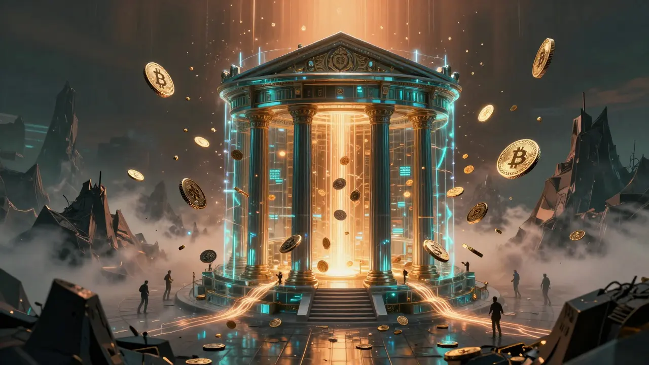 Central bank fortress shielding economy from crypto threats in cyberpunk concept art