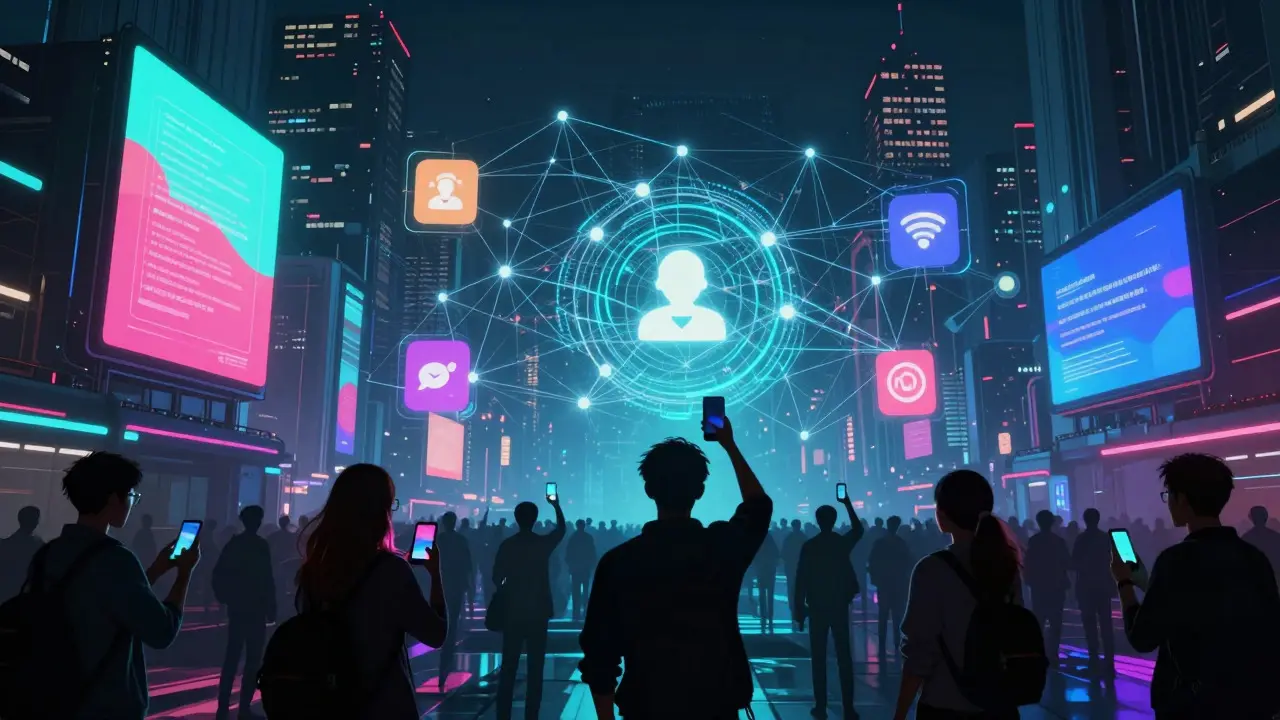 Cityscape with people connected by digital threads under holographic social media ads