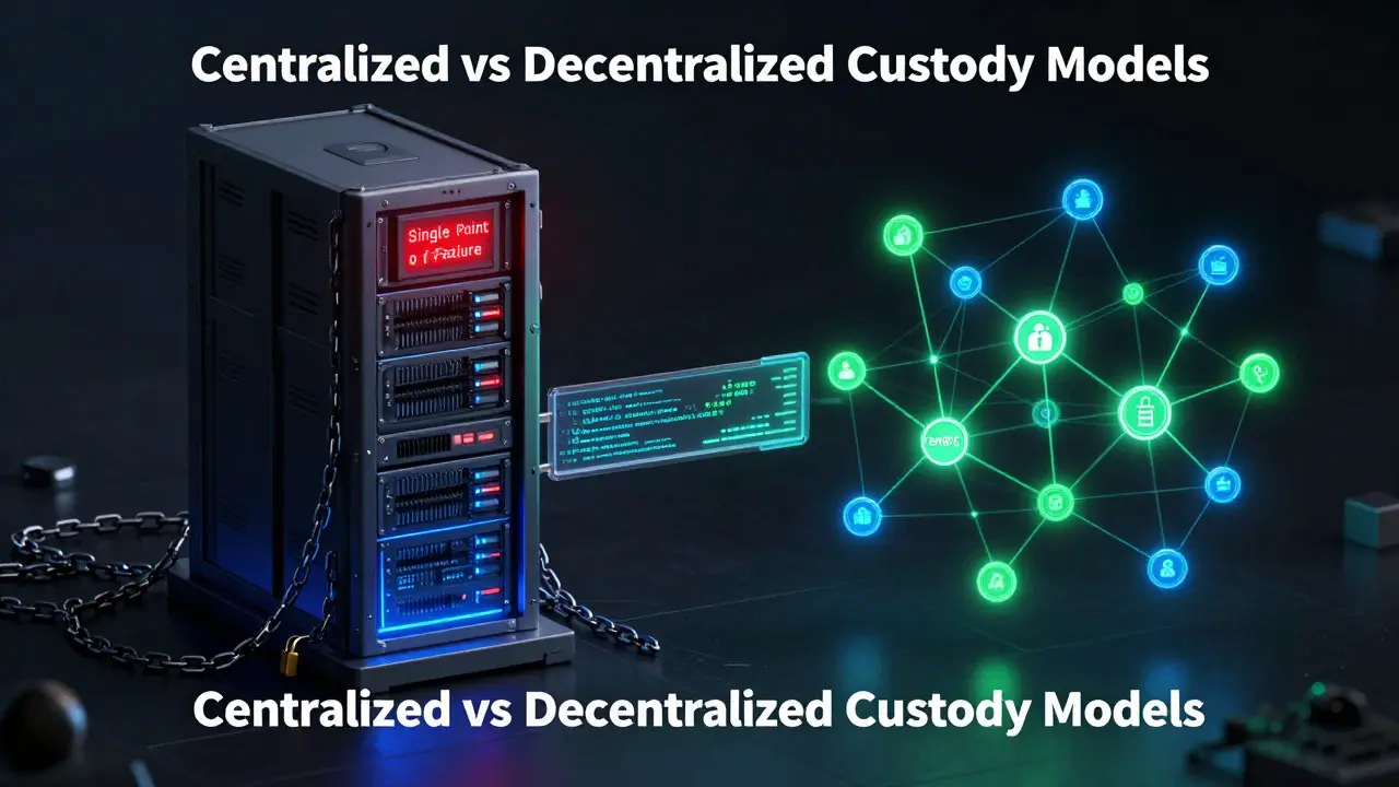 Comparison of centralized server tower with red warning lights versus decentralized network of glowing green nodes in a dark tech environment.