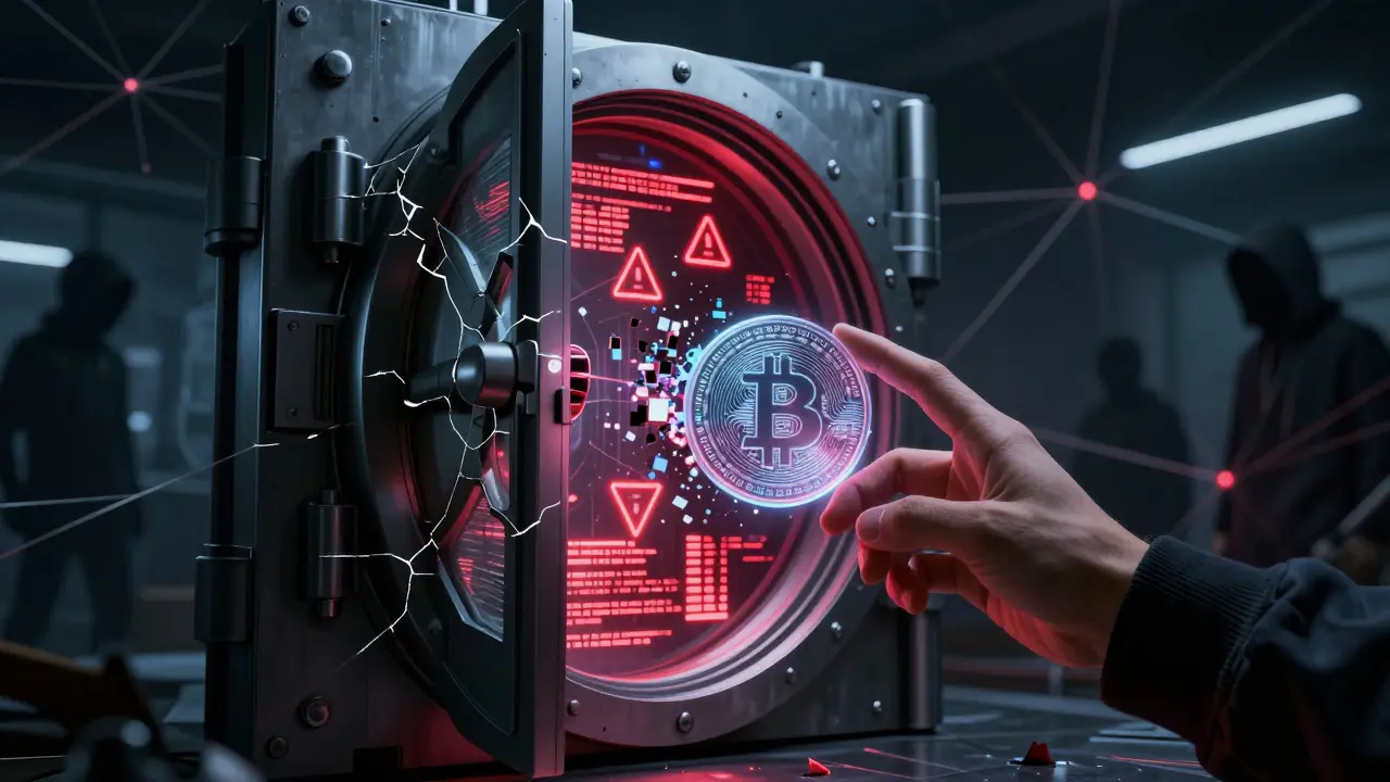 Cracked digital vault and dissolving token illustrating crypto security risks
