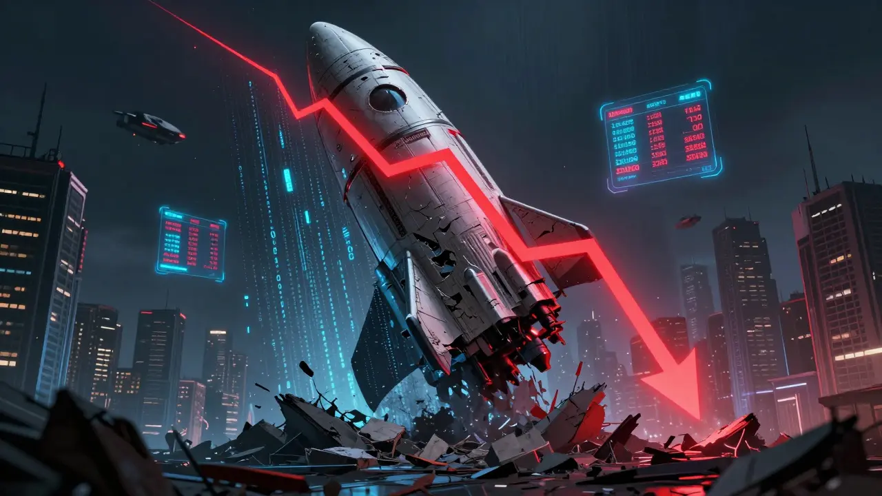 Crumbled digital rocket ship with falling price charts in cyberpunk city
