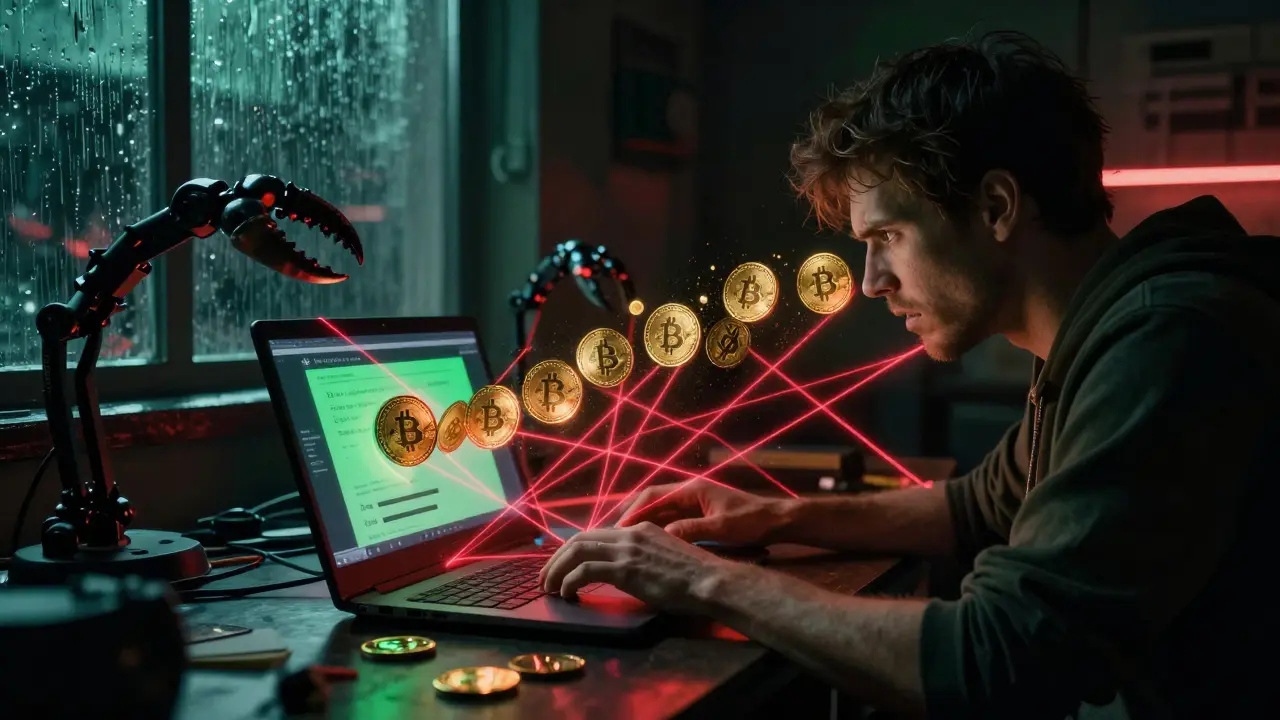 Crypto tokens trapped in red laser nets representing withdrawal delays