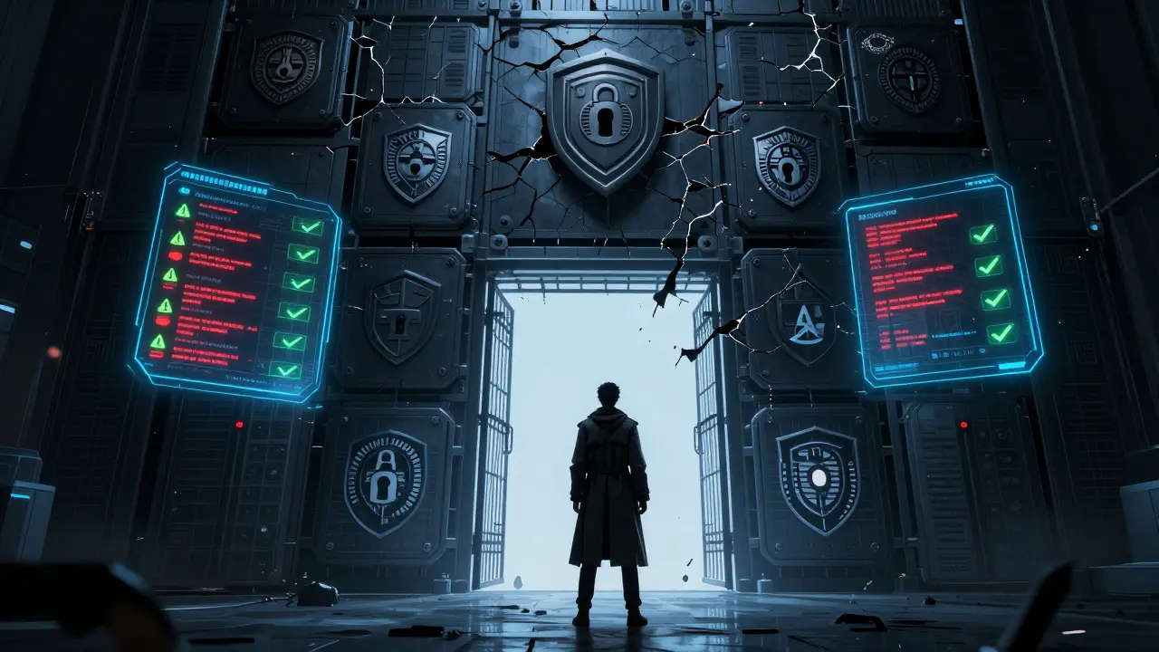 Cyberpunk figure facing broken regulatory shields and warning data