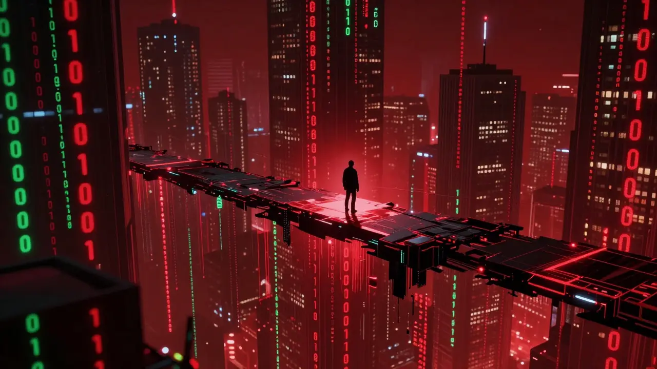 Cyberpunk figure on a glitching digital bridge symbolizing crypto market volatility and risk.