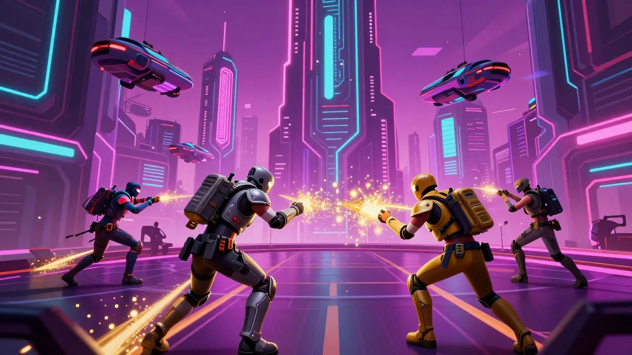 Cyberpunk gamers exchanging instant micro-transactions in VR