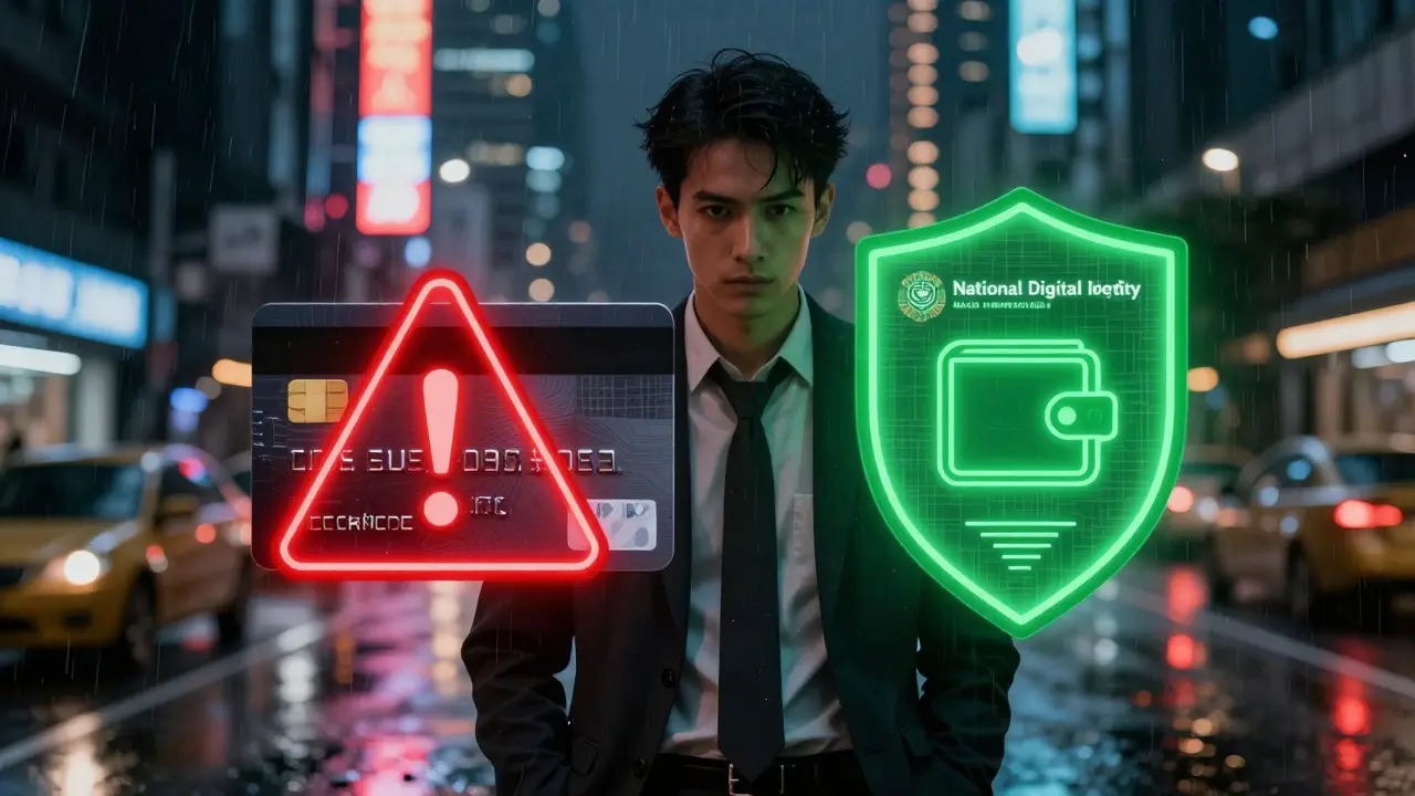 Cyberpunk graphic showing crypto security risks vs digital identity protection