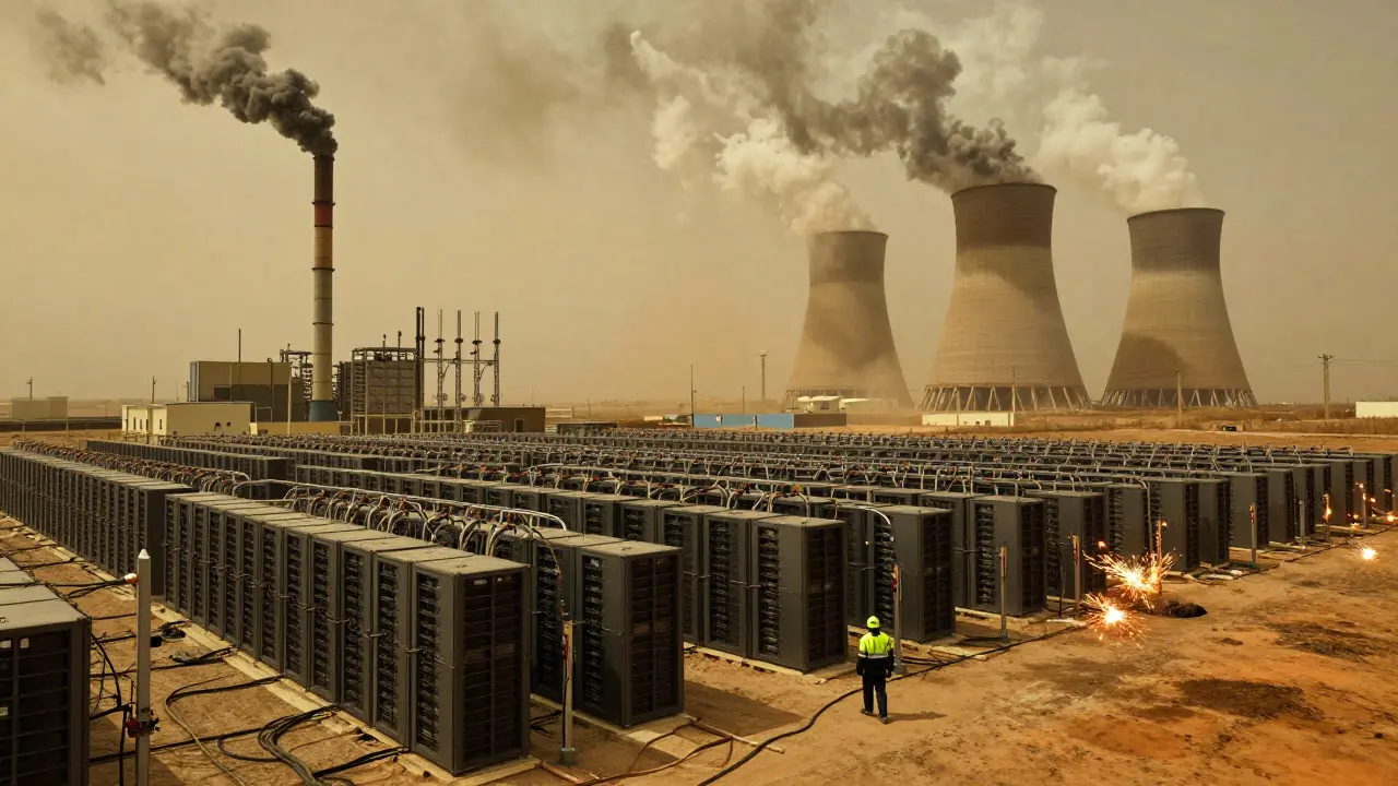 Cyberpunk illustration of massive coal-powered Bitcoin mining rigs in Kazakhstan