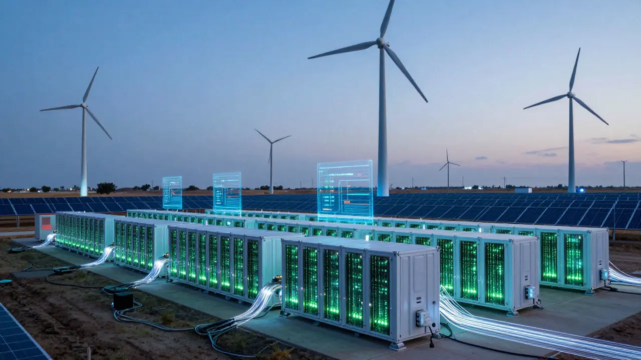 Cyberpunk view of solar and wind-powered Bitcoin mining facilities in Texas