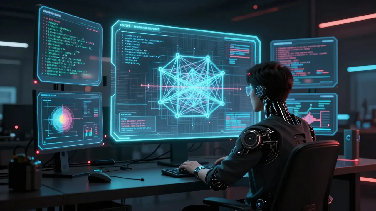 Developer analyzing complex encryption algorithms on holographic screens