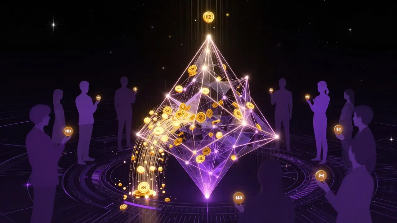 Digital representation of DAO governance and HELI token flow in cyberpunk art