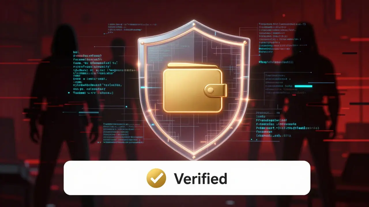 Digital shield protecting a crypto wallet from shadowy scam figures