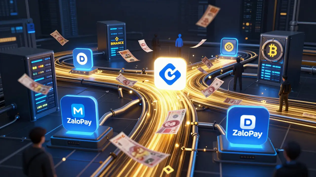 Digital visualization of VND flowing through banking networks and crypto exchanges
