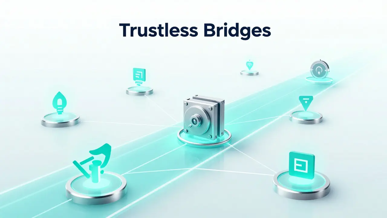 Ethereal, transparent tunnel of light connecting blockchains with floating cryptographic proofs, symbolizing trustless bridges in a minimalist cyberpunk style.