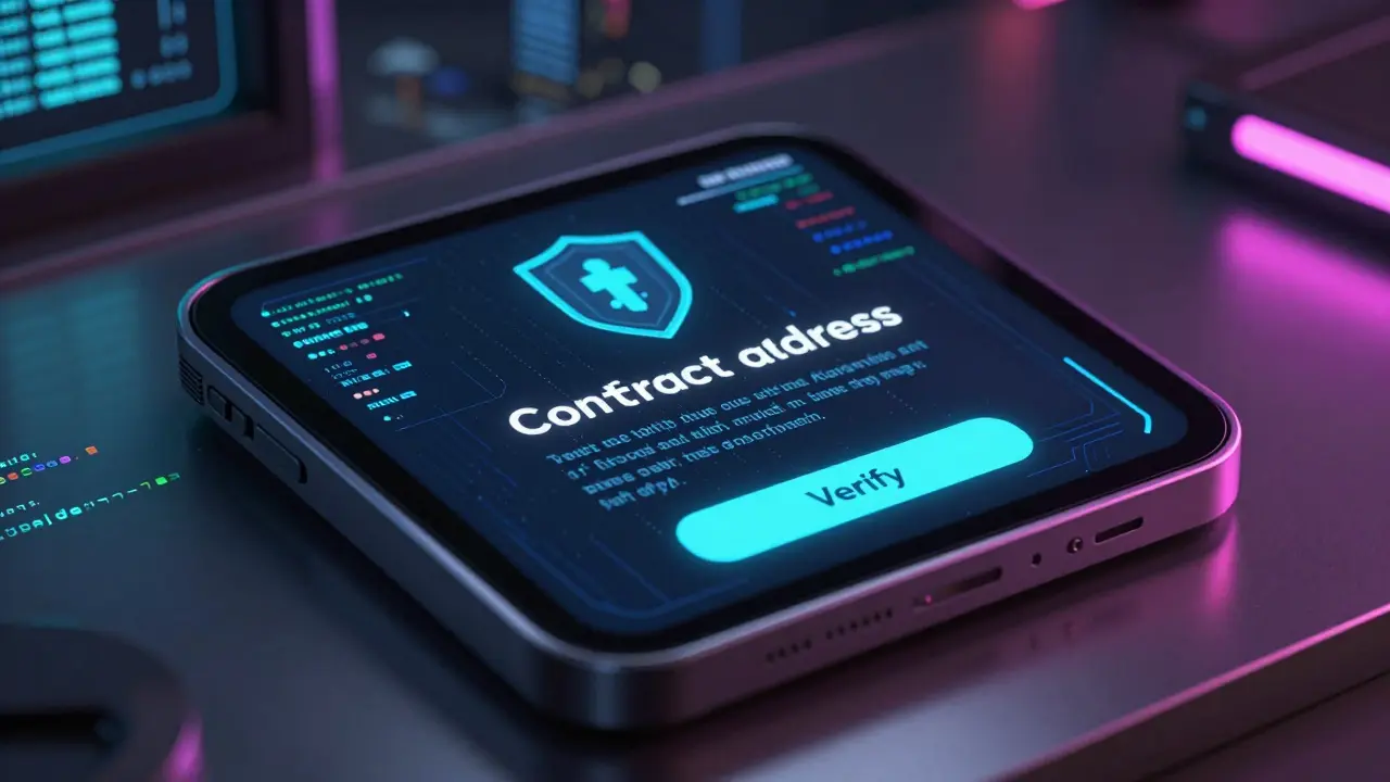 Futuristic crypto wallet interface verifying contract address for safety