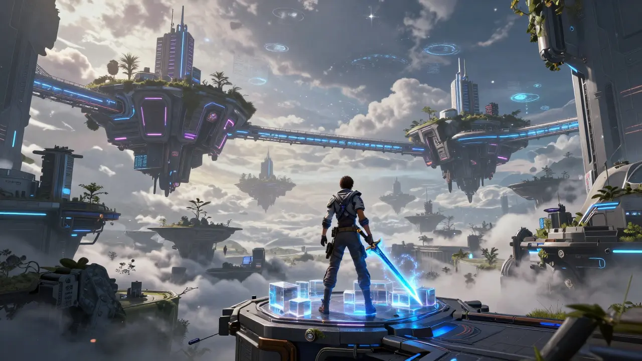 Futuristic cyberpunk game world with floating islands and avatars