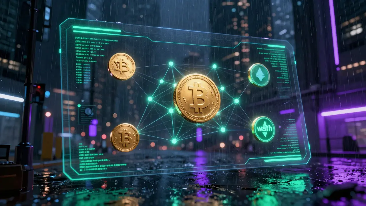 Futuristic DeFi dashboard with floating wrapped tokens in a cyberpunk city