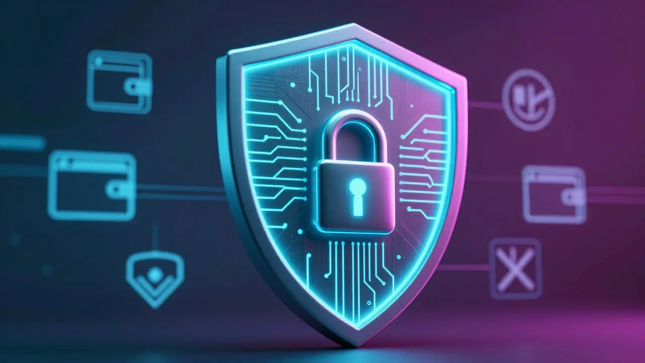 Futuristic holographic security shield representing non-custodial wallet protection in a cyberpunk style