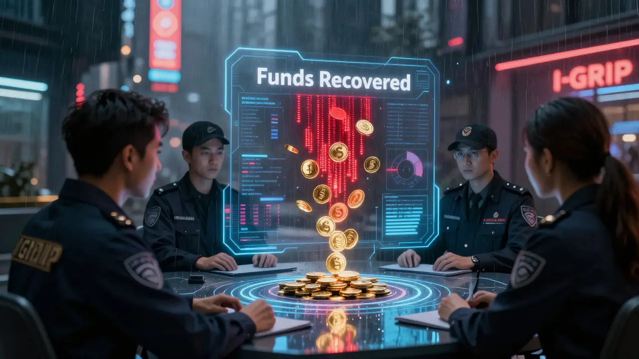 Futuristic interface displaying recovered cryptocurrency assets and team collaboration