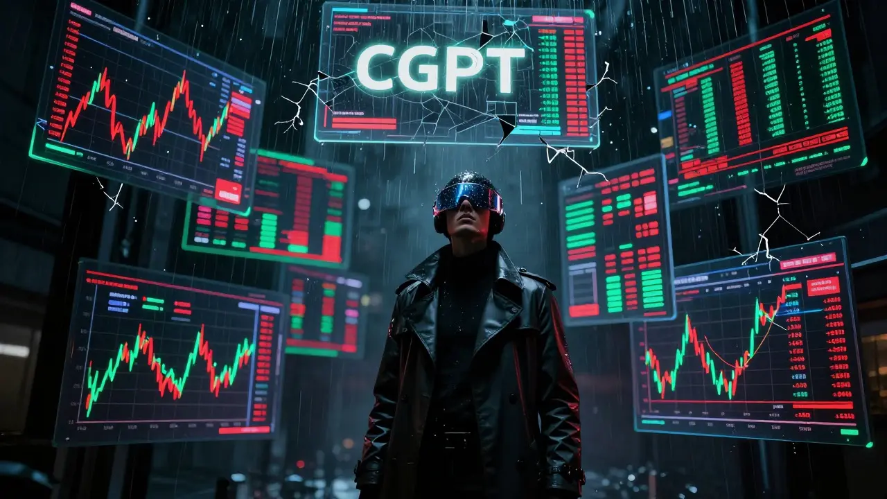 Glitching price charts showing market volatility in cyberpunk style