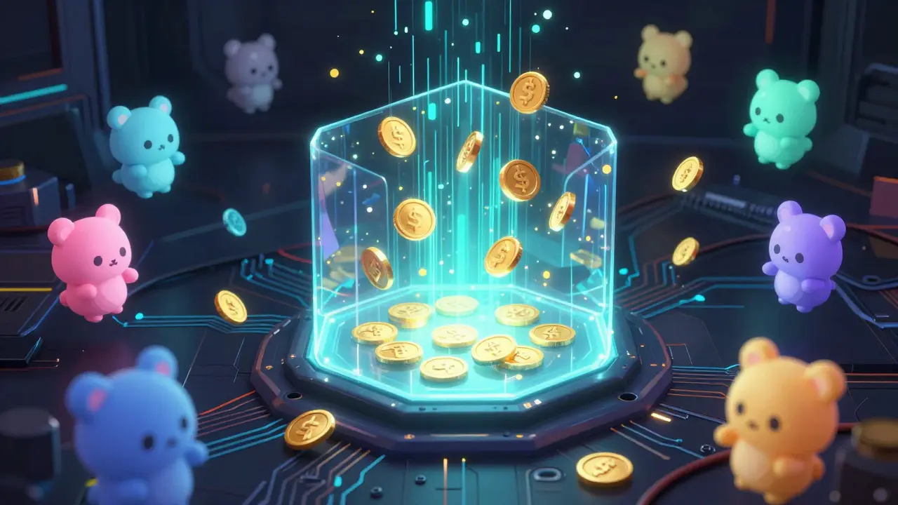 Glowing NFT shards and gold coins emerging from a digital portal