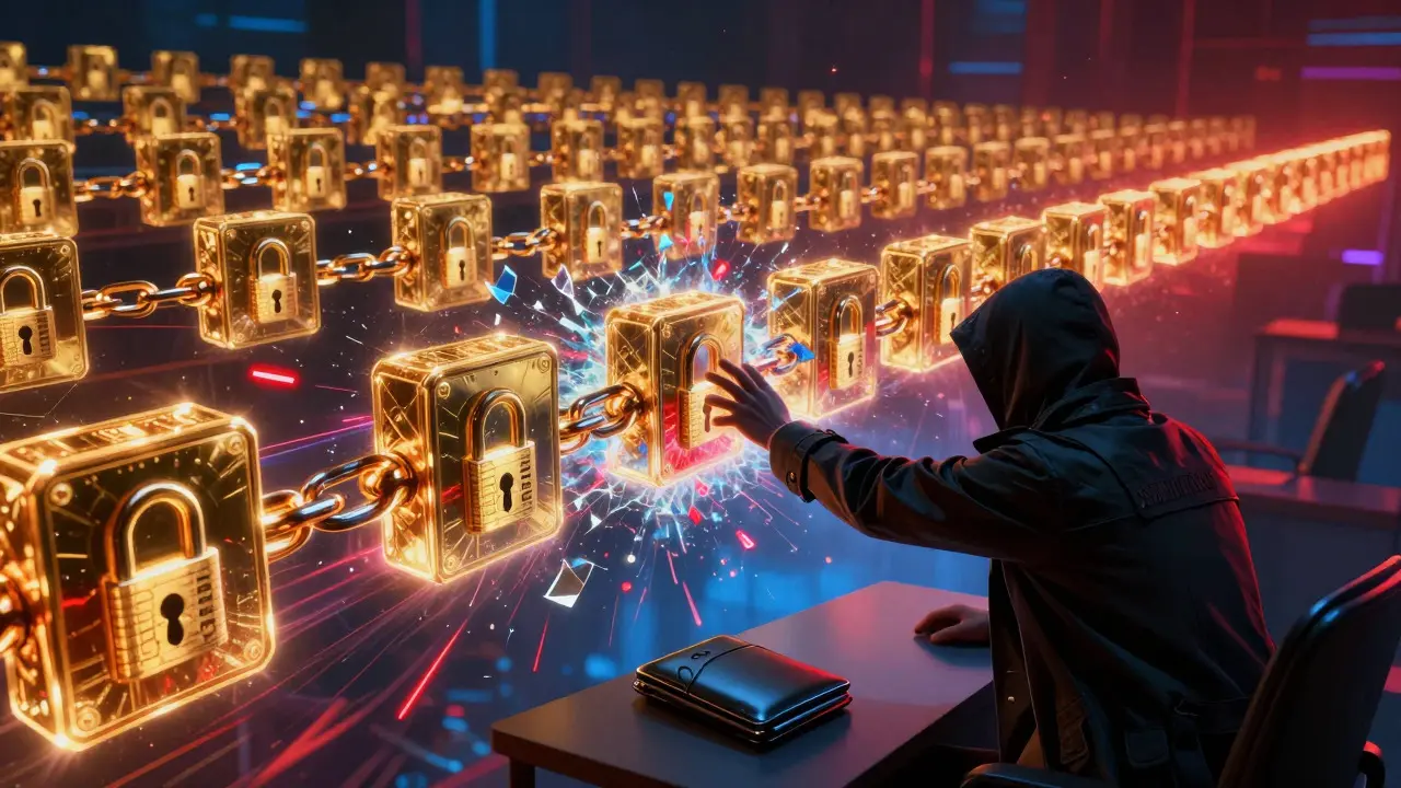 Hacker failing to break a glowing golden blockchain chain