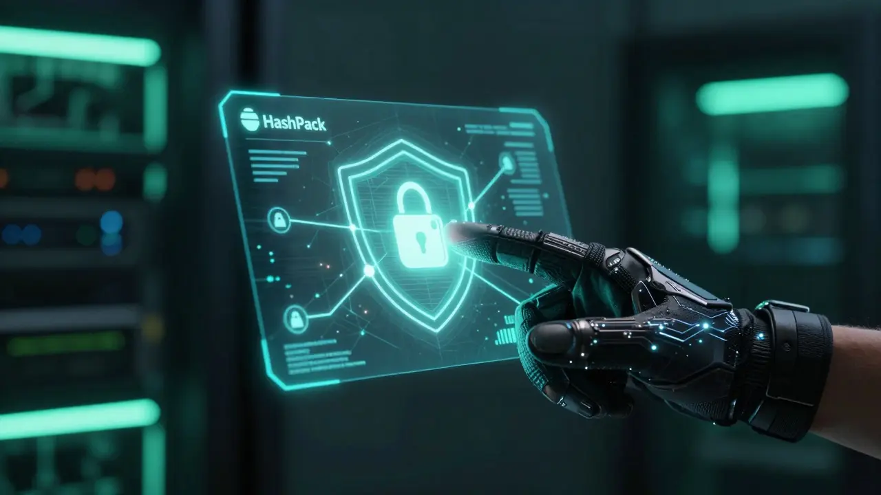 Hand connecting a secure holographic wallet to a blockchain node in cyber style
