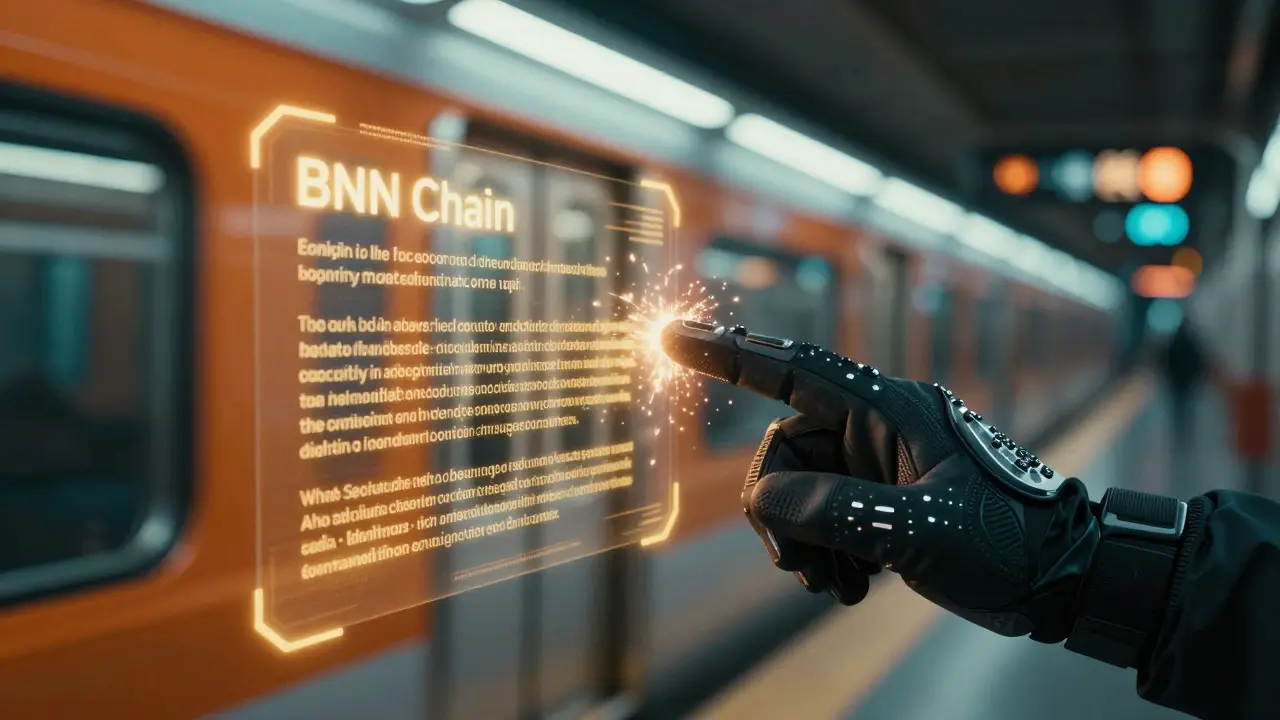 Hand touching holographic contract code in a neon tunnel