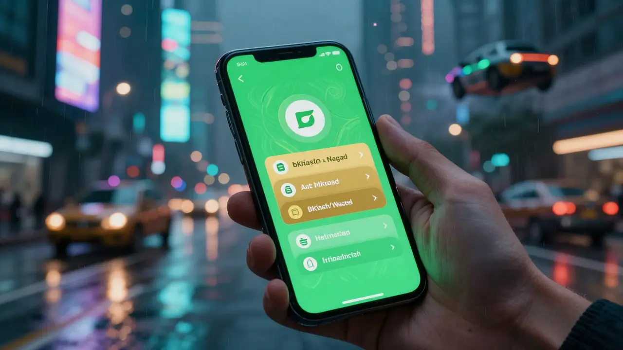 Hand using mobile money app against futuristic Dhaka city backdrop in cyberpunk art