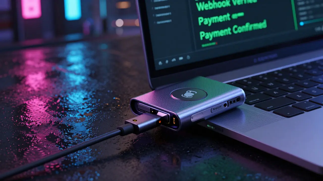 Hardware wallet connected to laptop displaying secure code verification in a cyberpunk setting