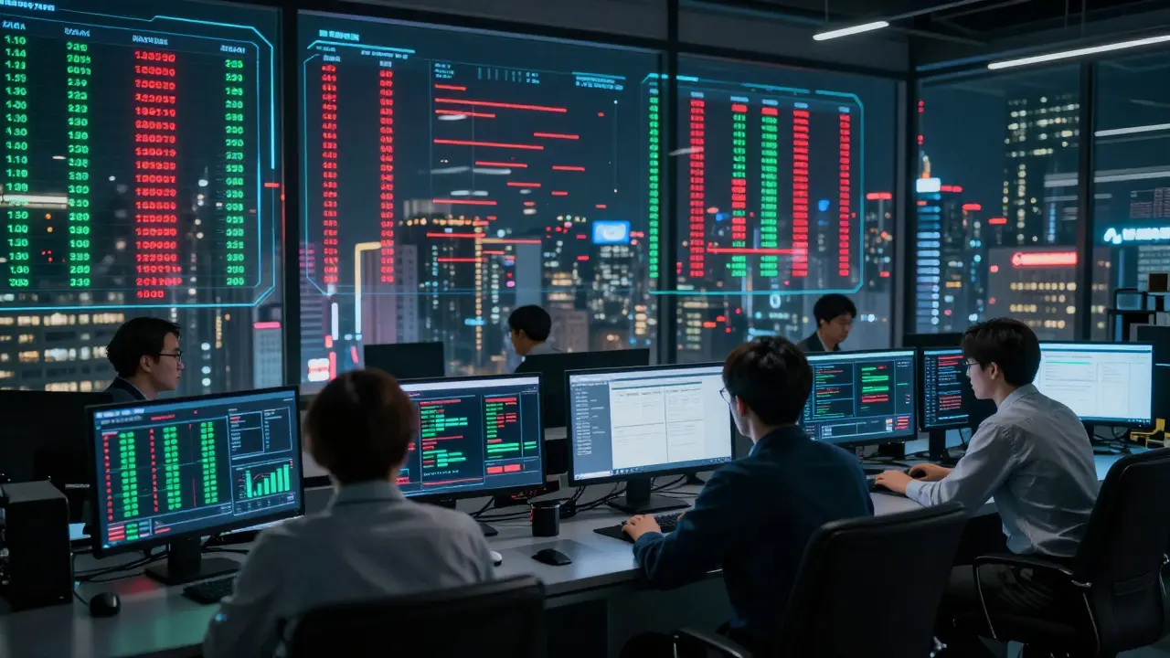 High-tech control room monitoring crypto compliance with holographic data displays