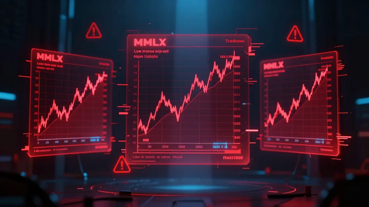 Holographic charts showing conflicting MLMX prices and volatility warnings
