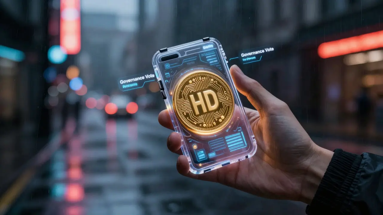 Holographic display showing HOD token utilities like staking and governance in a cyberpunk setting.