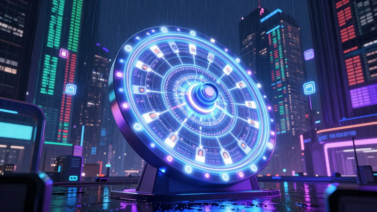 Holographic lottery wheel spinning with user avatars in a neon city