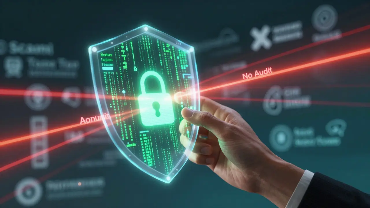 Holographic shield blocking red scam lasers, representing crypto security