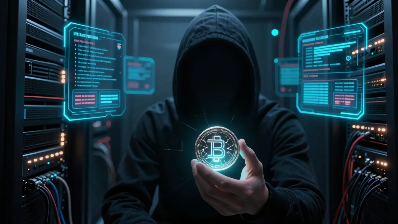 Hooded figure examining risky crypto data in a dark server room