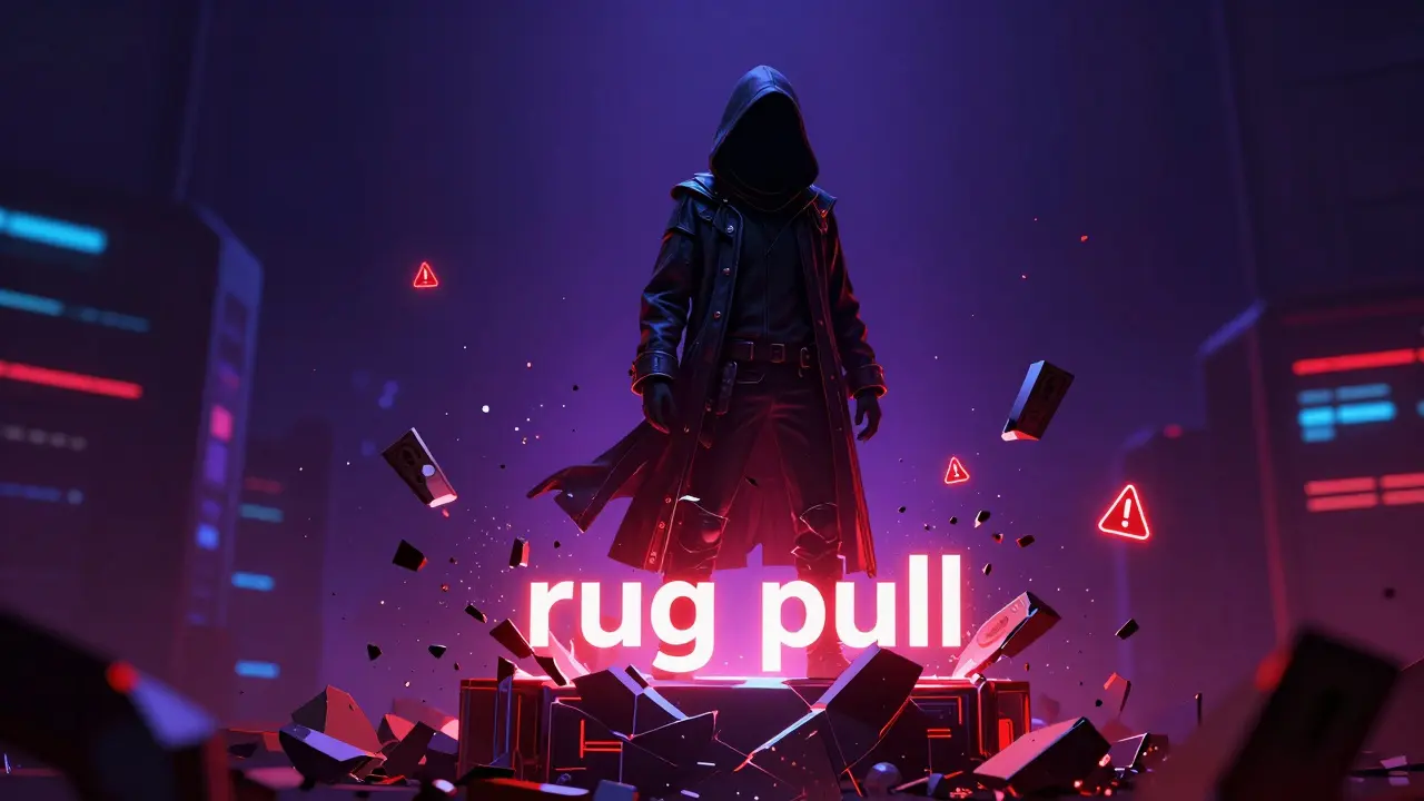 Shadowy figure causing blockchain collapse, symbolizing rug pull scam