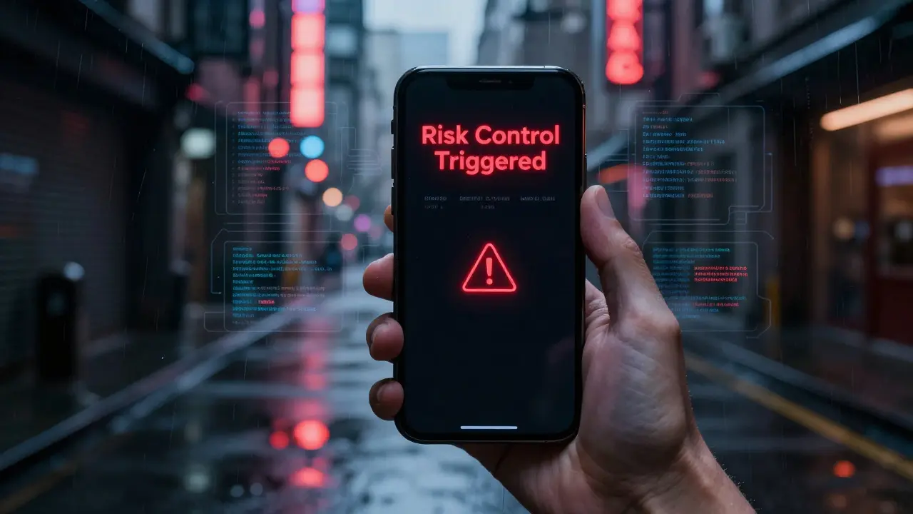 Smartphone showing blocked transaction error amidst digital security analysis.