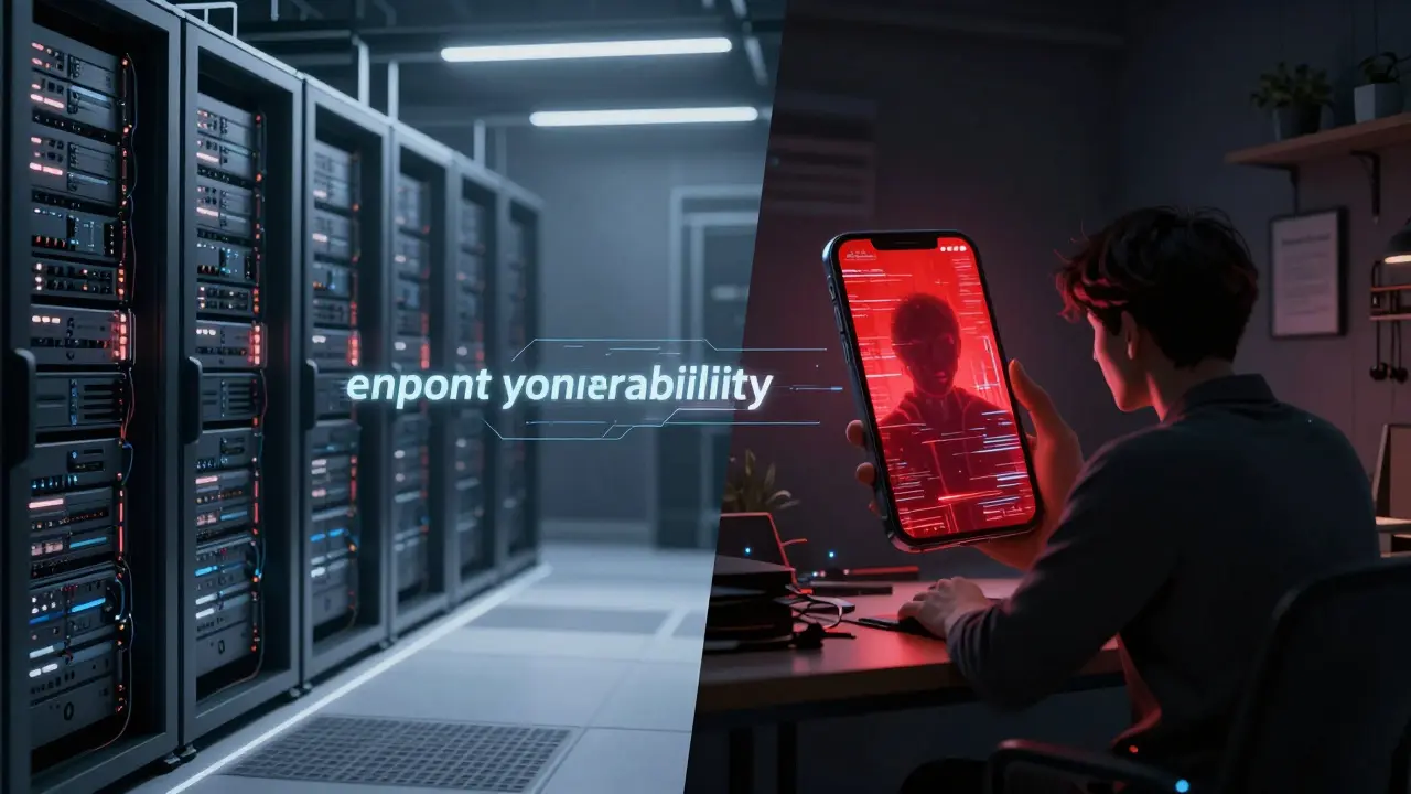 Split view contrasting secure blockchain servers with a vulnerable home voting setup
