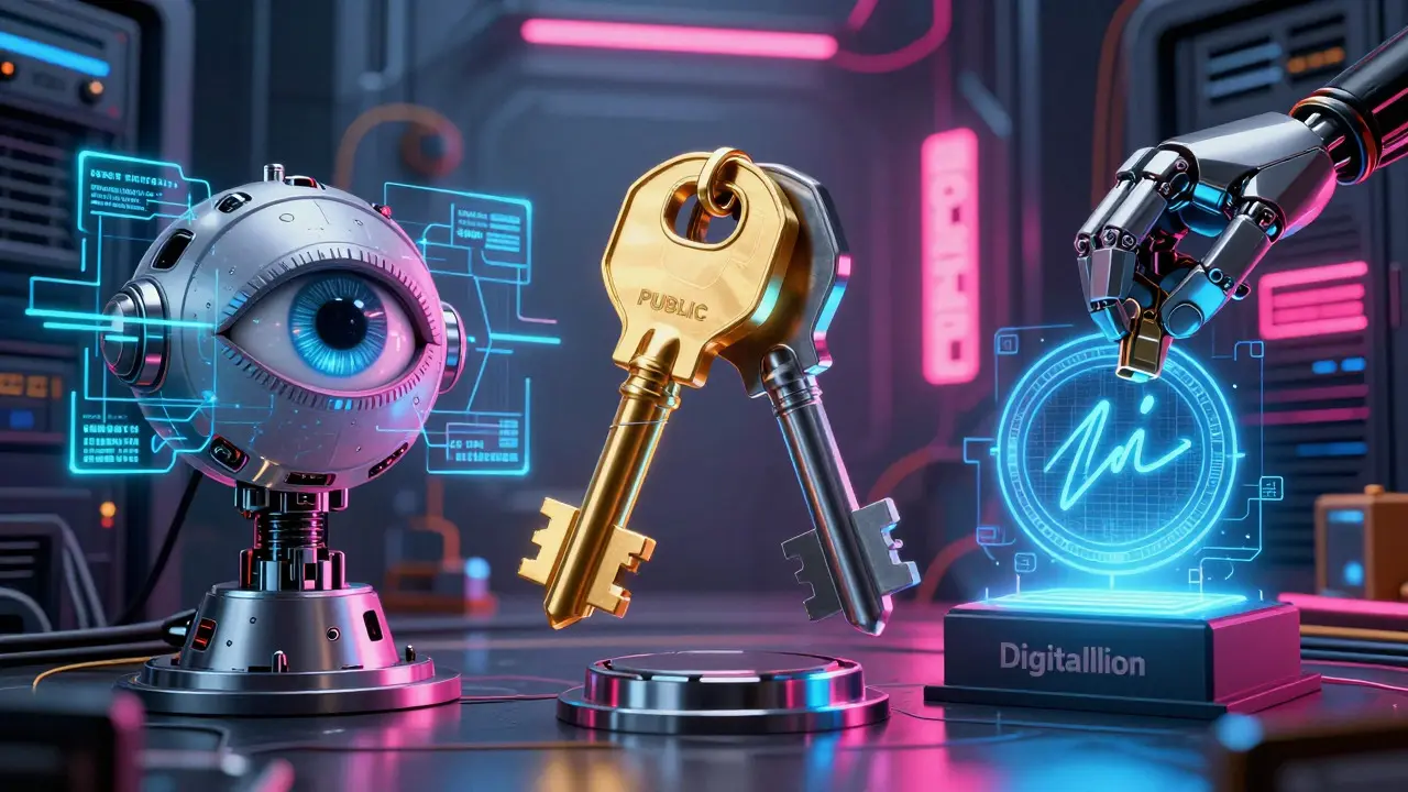 Three robotic symbols for hashing, keys, and signatures in neon